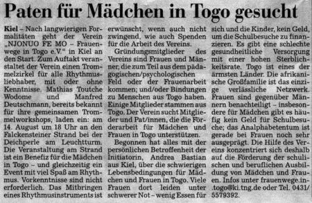 Artikel "Paten für Mädchen in Togo gesucht" in den Kieler Nachrichten vom 07.08.2009