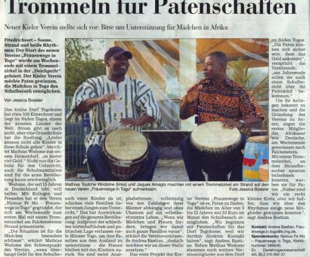 Artikel "Trommeln für Patenschaften" in den Kieler Nachrichten vom 17.08.2009